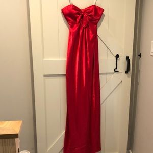 Red satin strapless dress